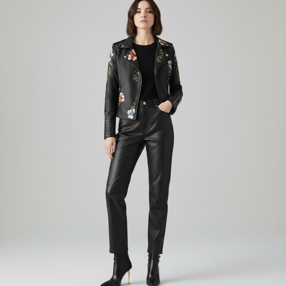 Women's Moto Jacket Floral Embroidery Stud Detail Edgy 2
