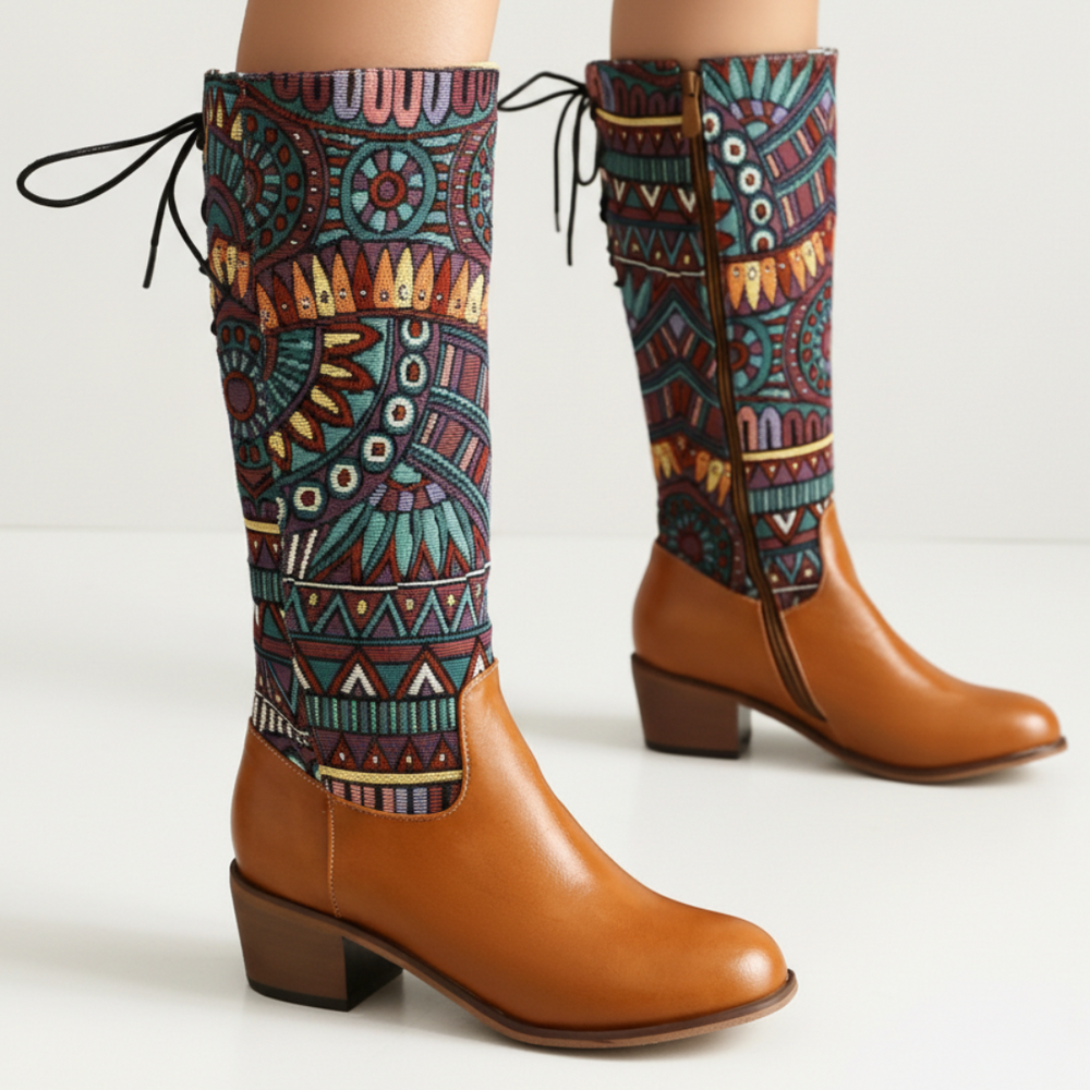 Women's Woven Shaft Boots Block Heel Almond Toe Shoes 2