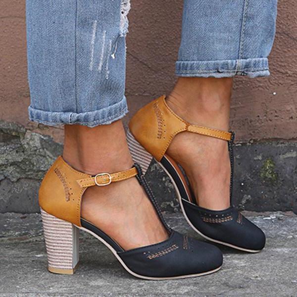 Women's Heels | Colour Block T-Bar Block Heel & Brogue Detail
