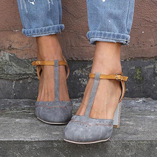 Women's Heels | Colour Block T-Bar Block Heel & Brogue Detail