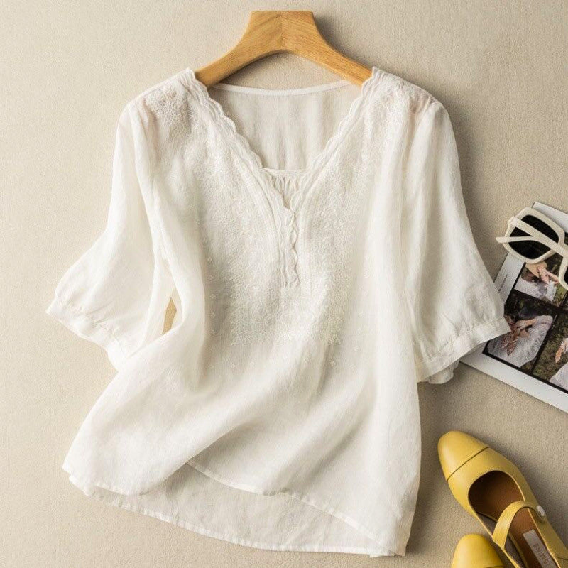 Blouse Women | Embroidered V-Neck & Relaxed Rolled Sleeve Design