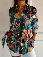 Blouse Women's | Abstract Floral Print & Button Front Shirt Collar
