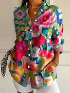 Blouse Women's | Abstract Floral Print & Button Front Shirt Collar