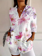Blouse Women's | Abstract Floral Print & Button Front Shirt Collar