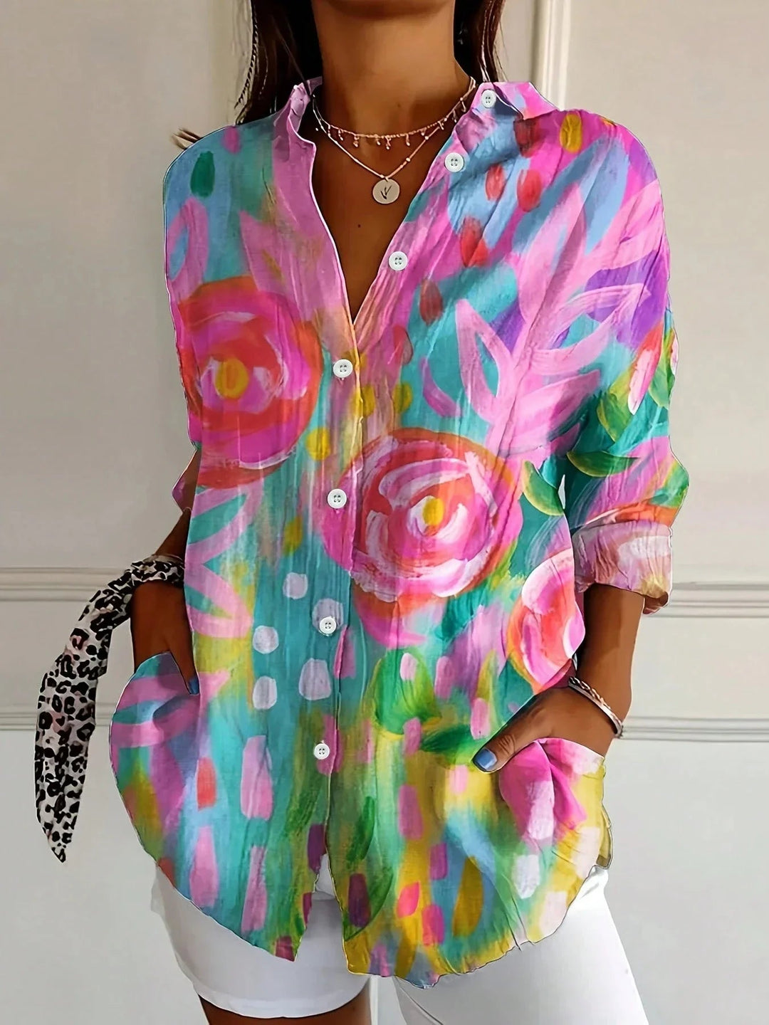 Blouse Women's | Abstract Floral Print & Button Front Shirt Collar