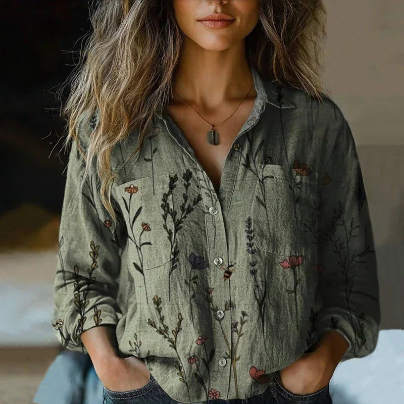 Blouse Women's | Bohemian Vintage Print & Button-Down Collar