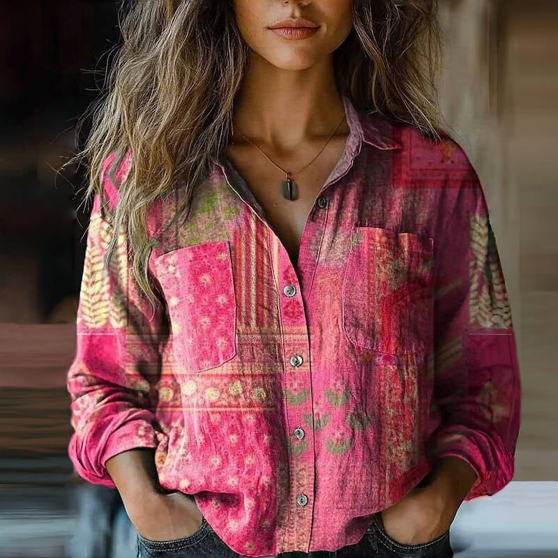 Blouse Women's | Bohemian Vintage Print & Button-Down Collar