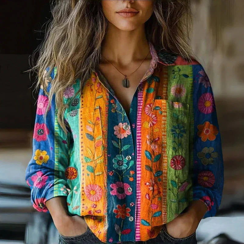 Blouse Women's | Bohemian Vintage Print & Button-Down Collar