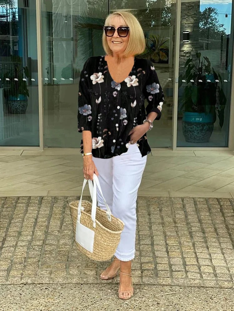 Blouse Women's | Floral Embroidered V-Neck & Button Front