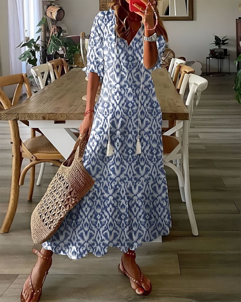 Boho Dress Women's | Ikat Print Maxi & Tassel Tie Front