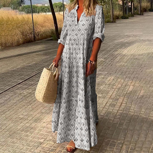 Boho Maxi Dress Women's | All-Over Print & Tiered Flowing Skirt