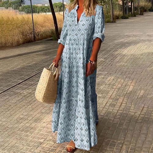 Boho Maxi Dress Women's | All-Over Print & Tiered Flowing Skirt