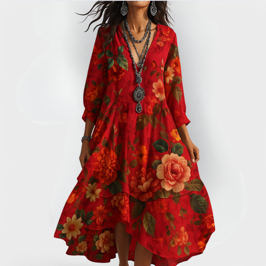 Boho Midi Dress Women's | Floral Print V-Neck & Tiered Ruffle Hem