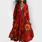 Boho Midi Dress Women's | Floral Print V-Neck & Tiered Ruffle Hem