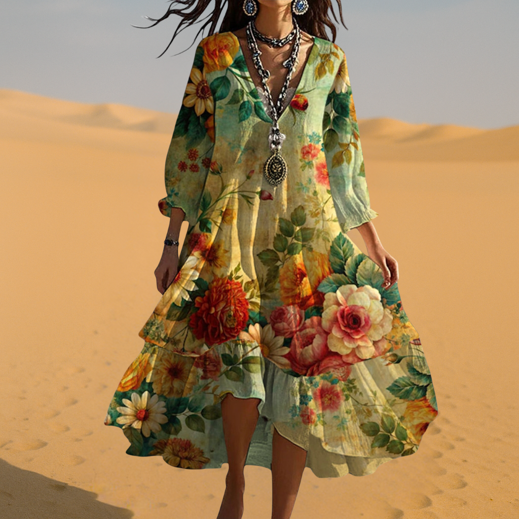 Boho Midi Dress Women's | Floral Print V-Neck & Tiered Ruffle Hem