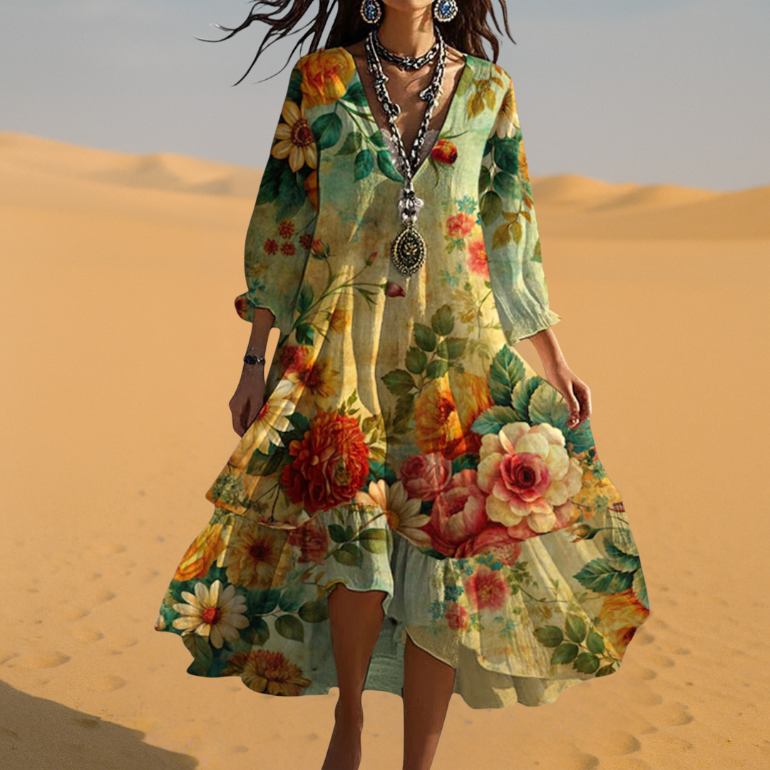 Boho Midi Dress Women's | Floral Print V-Neck & Tiered Ruffle Hem