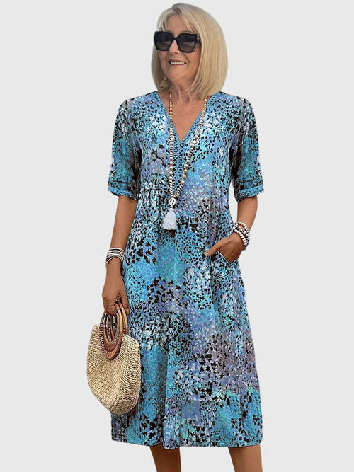 Floral Midi Dress Women | Boho Abstract Print & Button V-Neck Style