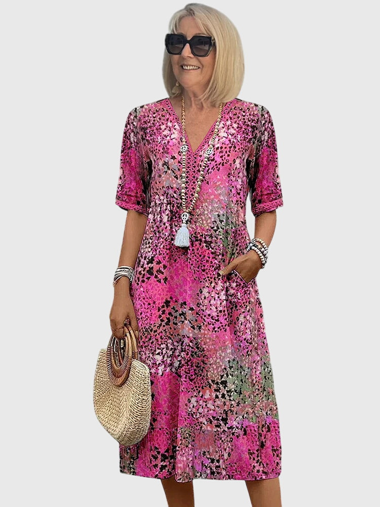 Floral Midi Dress Women | Boho Abstract Print & Button V-Neck Style