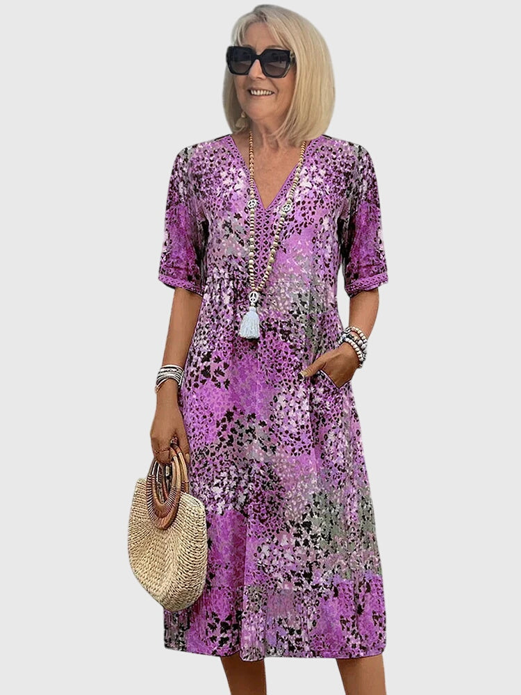 Floral Midi Dress Women | Boho Abstract Print & Button V-Neck Style