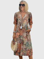 Floral Midi Dress Women | Boho Abstract Print & Button V-Neck Style