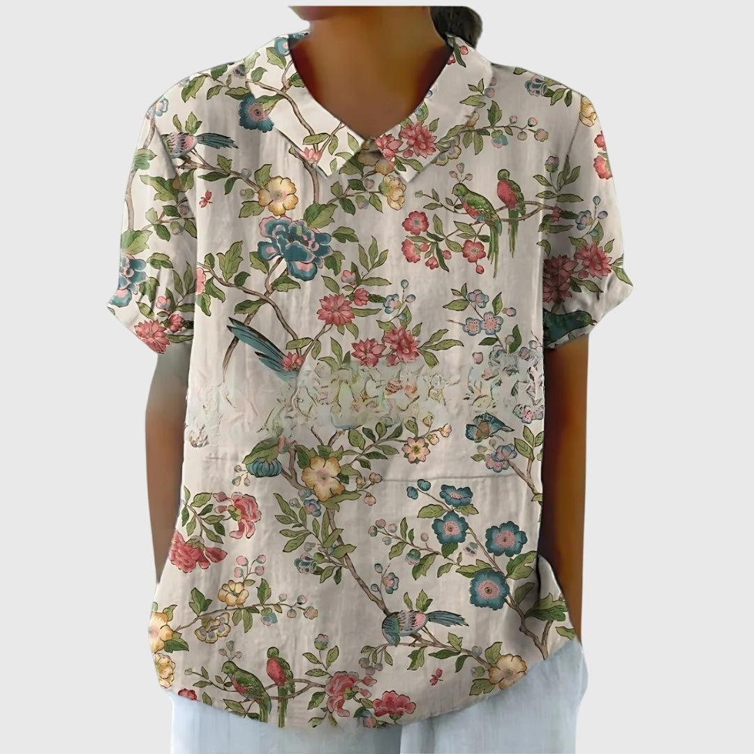 Women's Blouse | Floral Embroidered Collar & Short Sleeve