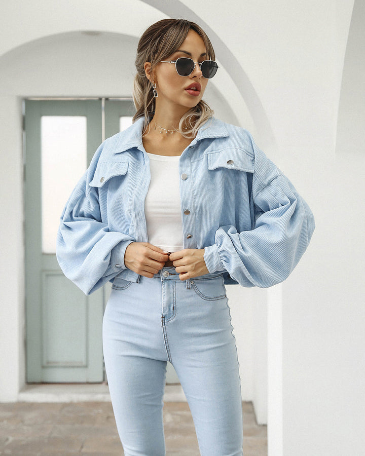 Couture-moda | Veste courte surdimensionnée pour femmes - velours côtelé avec manches ballon - Image 1