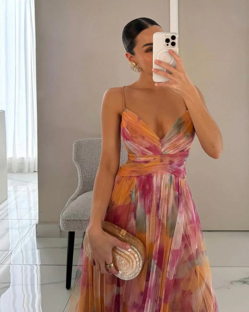 Maxi Dress Women | Floral Tulle Cut-Out Waist & Spaghetti Strap Gown