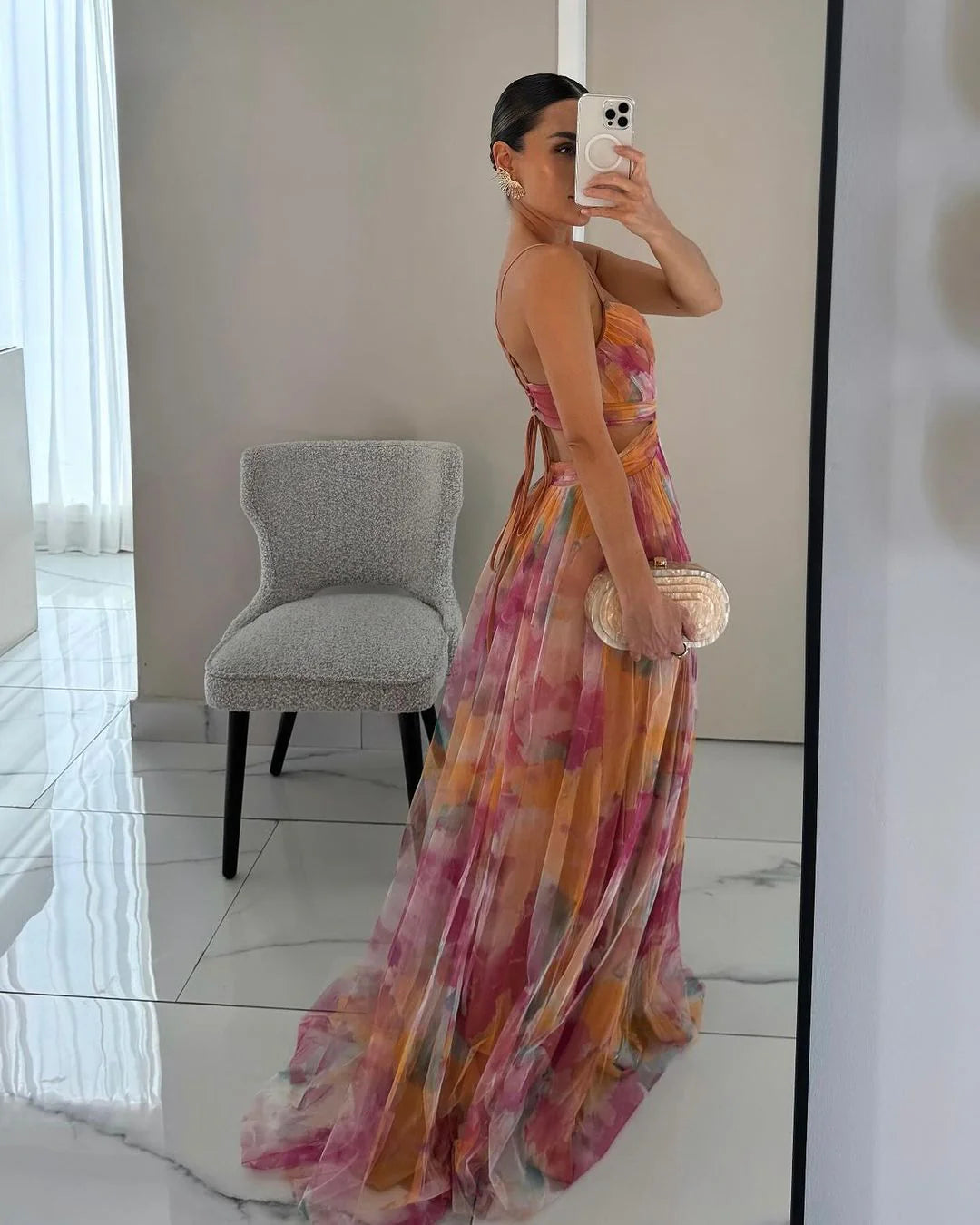 Maxi Dress Women | Floral Tulle Cut-Out Waist &amp; Spaghetti Strap Gown