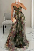 Maxi Dress Women | Floral Tulle Cut-Out Waist & Spaghetti Strap Gown