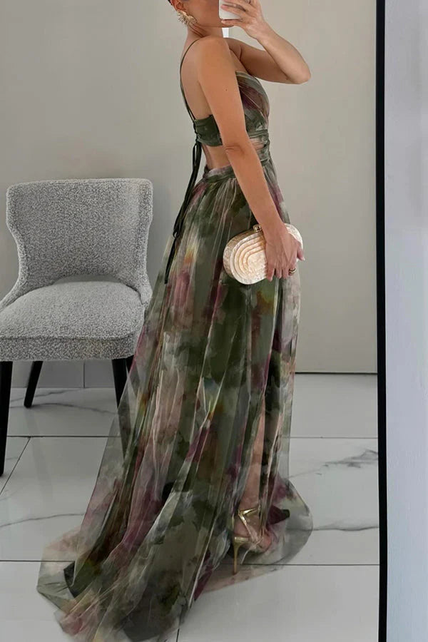 Maxi Dress Women | Floral Tulle Cut-Out Waist & Spaghetti Strap Gown