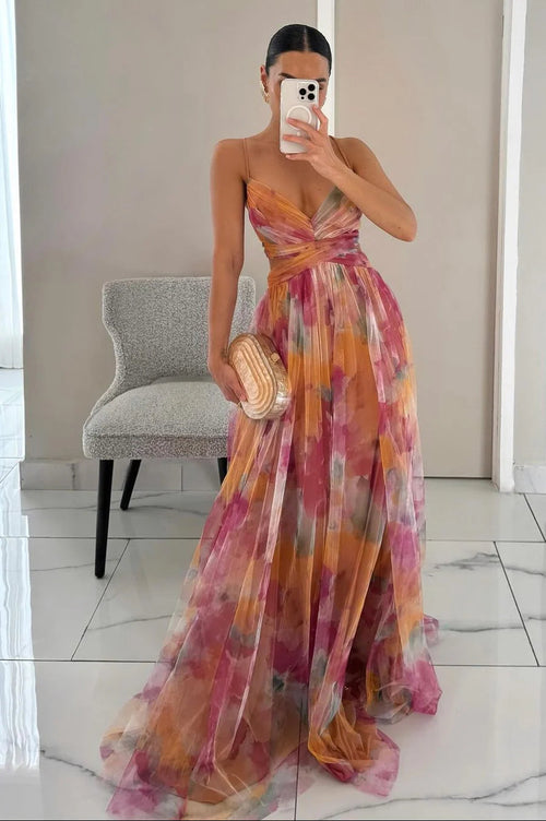 Maxi Dress Women | Floral Tulle Cut-Out Waist & Spaghetti Strap Gown
