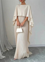 Maxi Dress Women | Pleated Cape Overlay & Elegant Evening Style