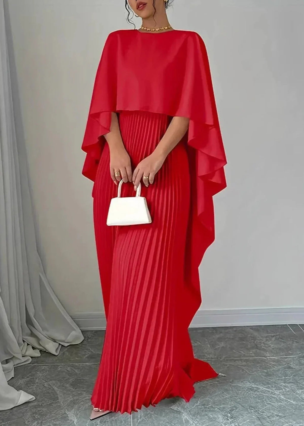 Maxi Dress Women | Pleated Cape Overlay & Elegant Evening Style