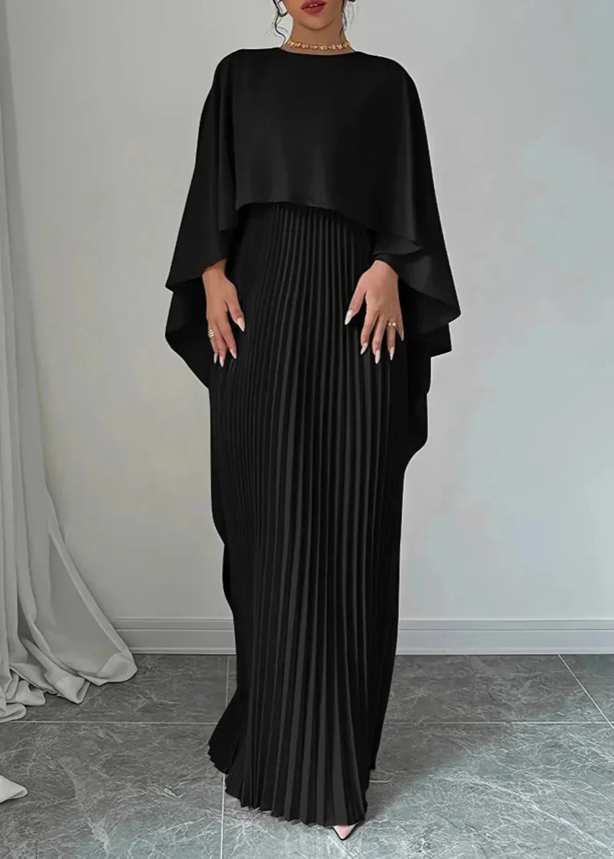 Maxi Dress Women | Pleated Cape Overlay & Elegant Evening Style