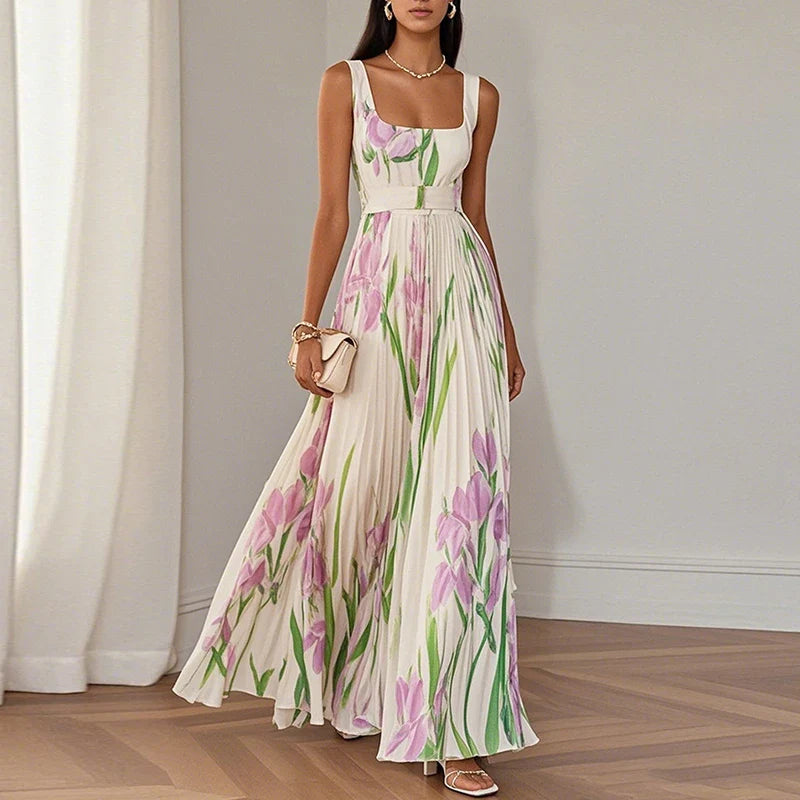 Maxi Dress Women's | Floral Print & Pleated A-Line Skirt