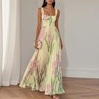 Maxi Dress Women's | Floral Print & Pleated A-Line Skirt