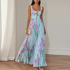 Maxi Dress Women's | Floral Print & Pleated A-Line Skirt