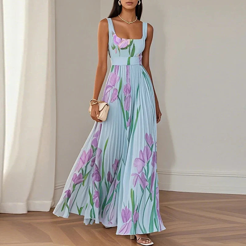 Maxi Dress Women's | Floral Print & Pleated A-Line Skirt