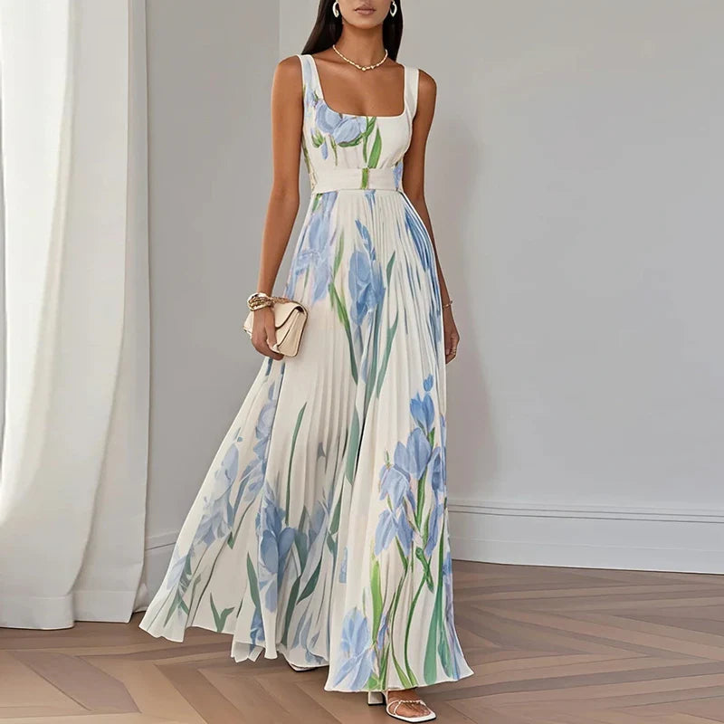 Maxi Dress Women's | Floral Print & Pleated A-Line Skirt