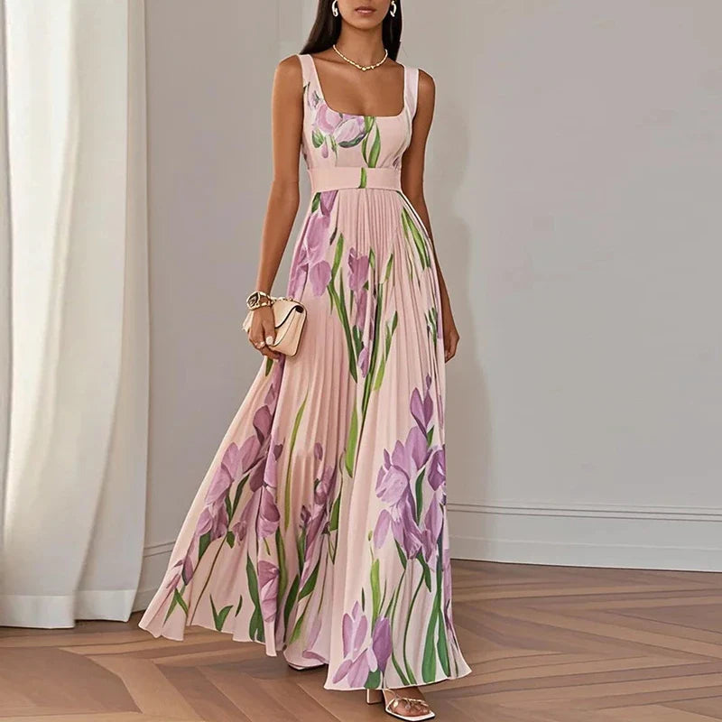 Maxi Dress Women's | Floral Print & Pleated A-Line Skirt