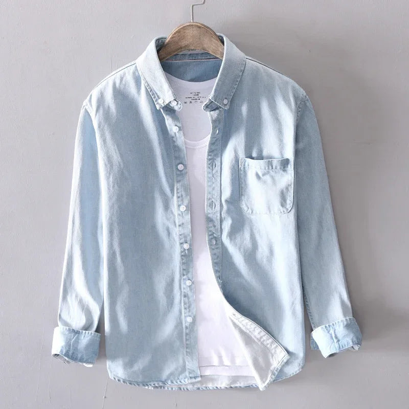 Men's Denim Polo | Long Sleeve & Button-Down Collar
