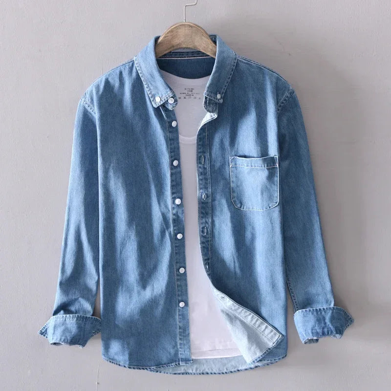 Men's Denim Polo | Long Sleeve & Button-Down Collar