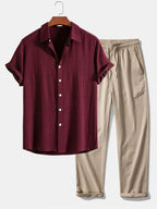 Men's Two Piece Set | Button-Front Shirt & Drawstring Trousers