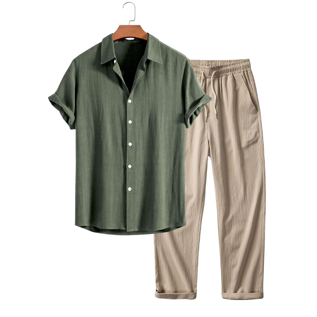 Men's Two Piece Set | Button-Front Shirt & Drawstring Trousers