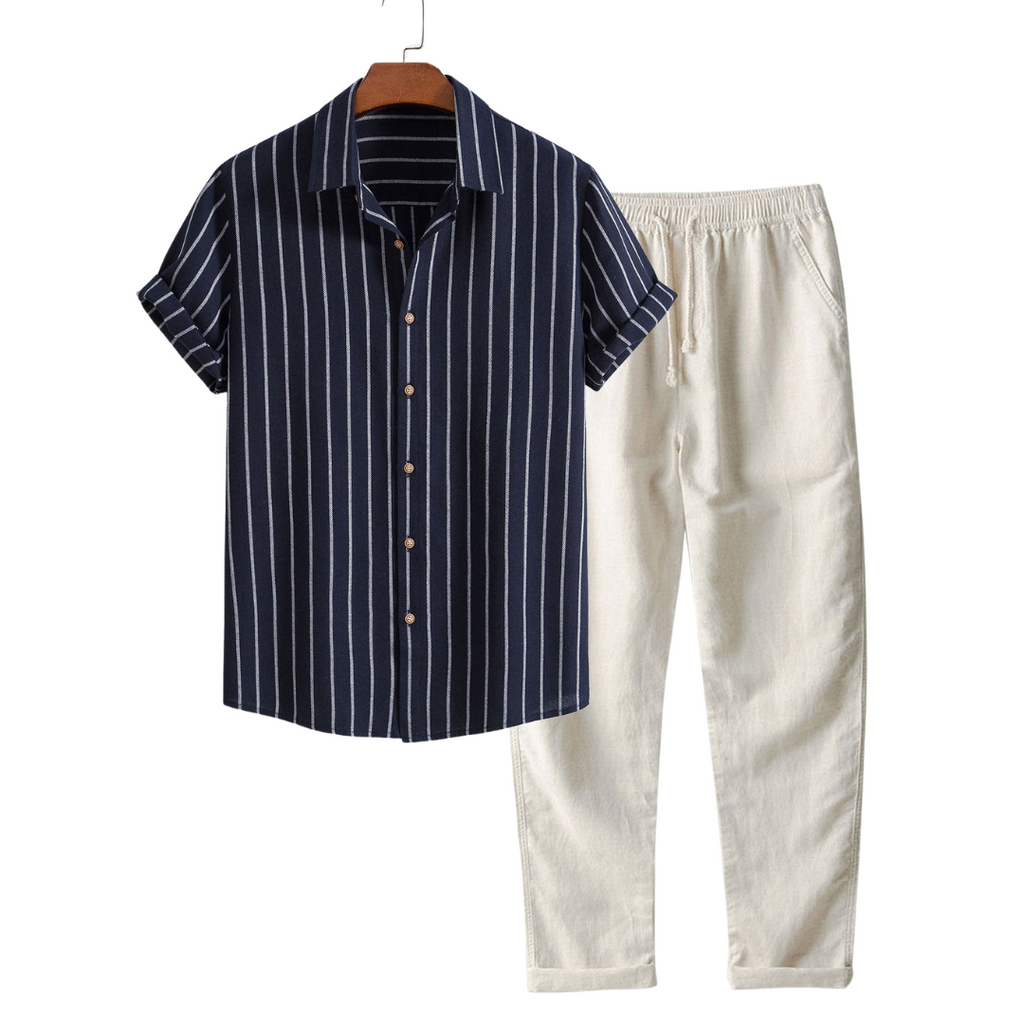 Men's Two Piece Set | Striped Shirt & Drawstring Trousers