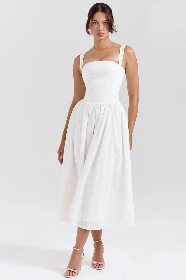 Mia | Chic White Midi Wedding Guest Dress