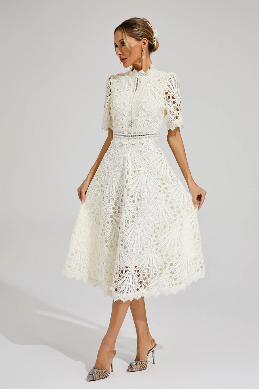 Midi Dress Women | Broderie Lace High Neck & A-Line Occasion Design