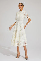 Midi Dress Women | Broderie Lace High Neck & A-Line Occasion Design