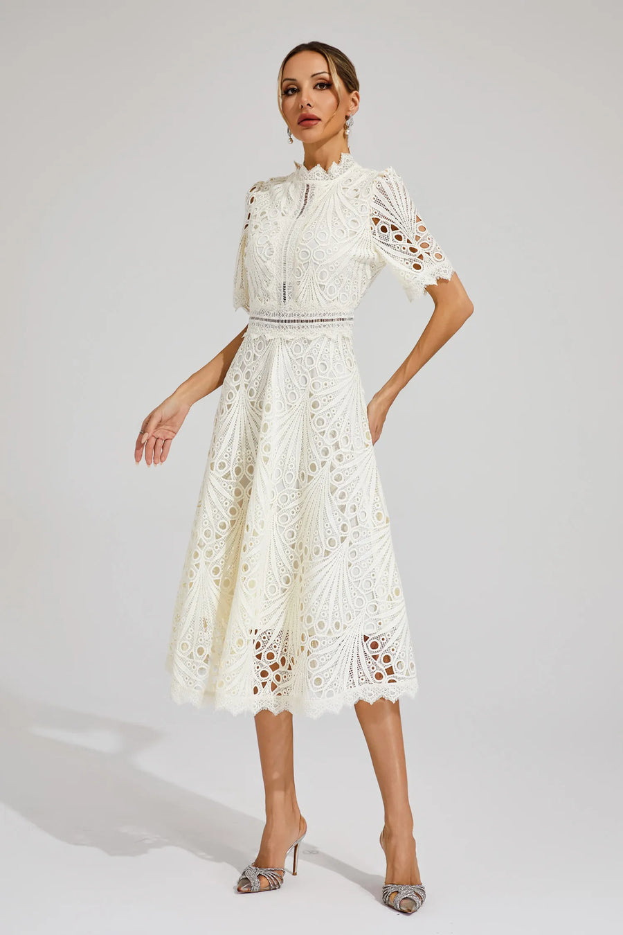 Midi Dress Women | Broderie Lace High Neck & A-Line Occasion Design