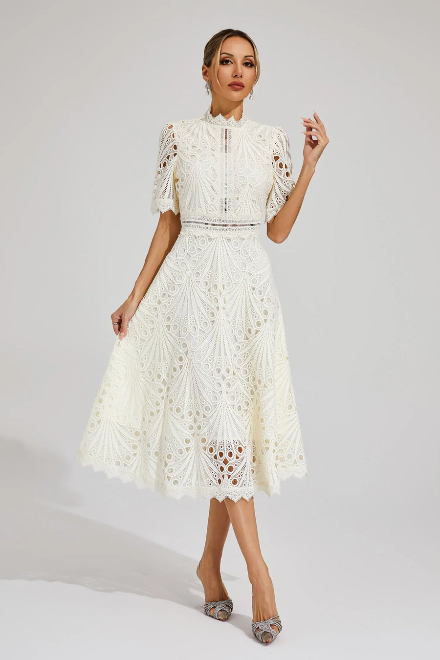 Midi Dress Women | Broderie Lace High Neck & A-Line Occasion Design
